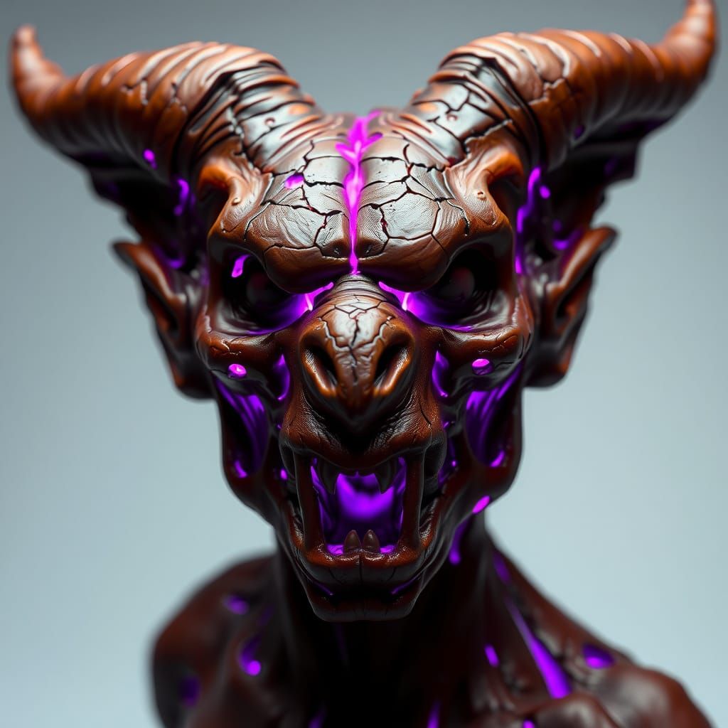 Cracked Chocolate Demon Statue with Purple Veins