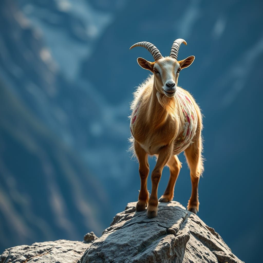 Glittering Goat Perched on Rocky Cliff