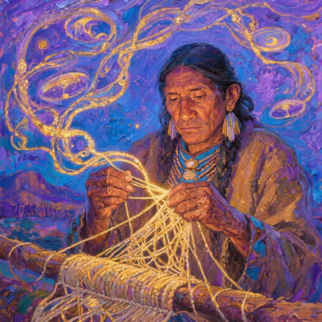 Native American Man Weaves Magical Dreams in Surrealist Oil ...