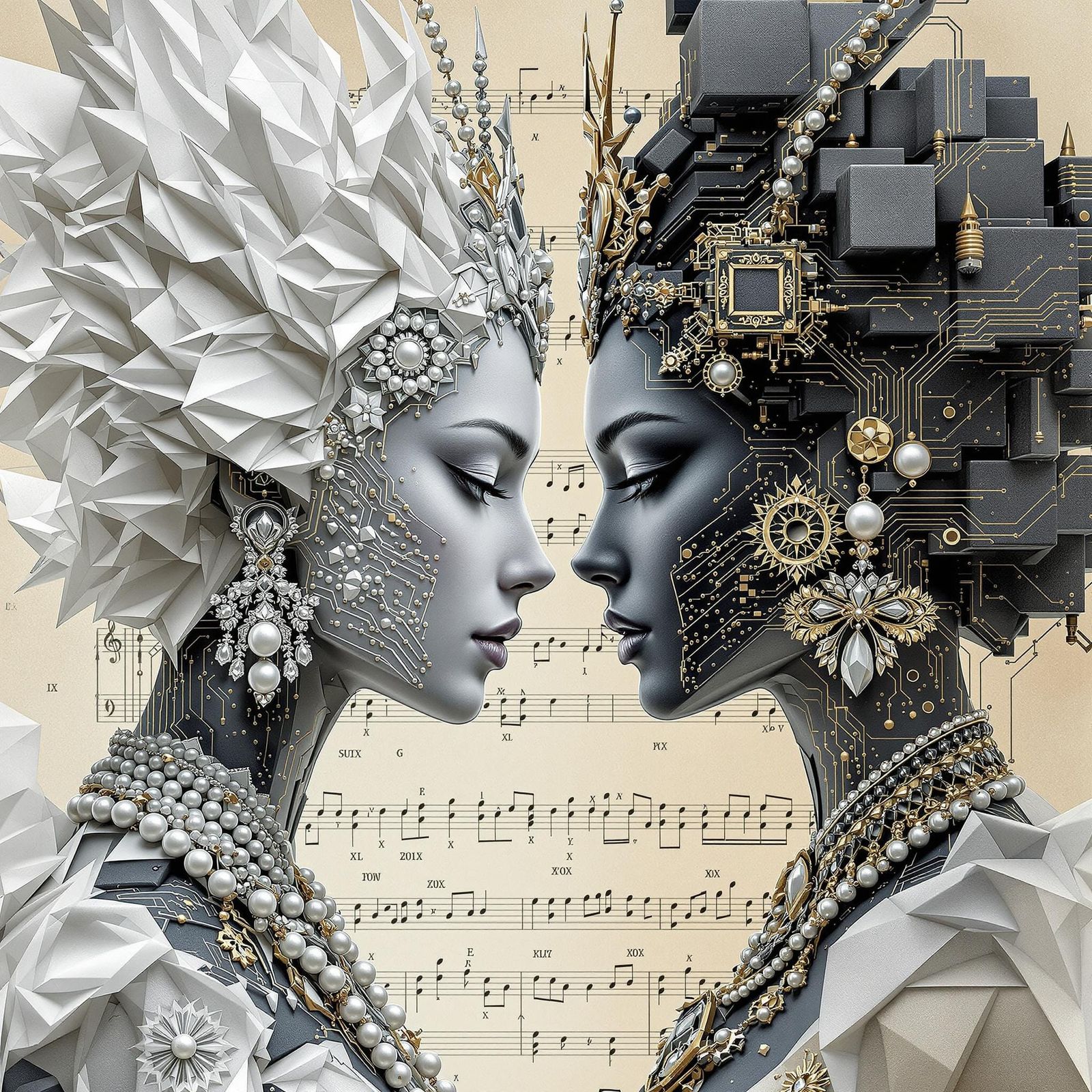 Origami and Stone Warrior Princesses in Surreal Style
