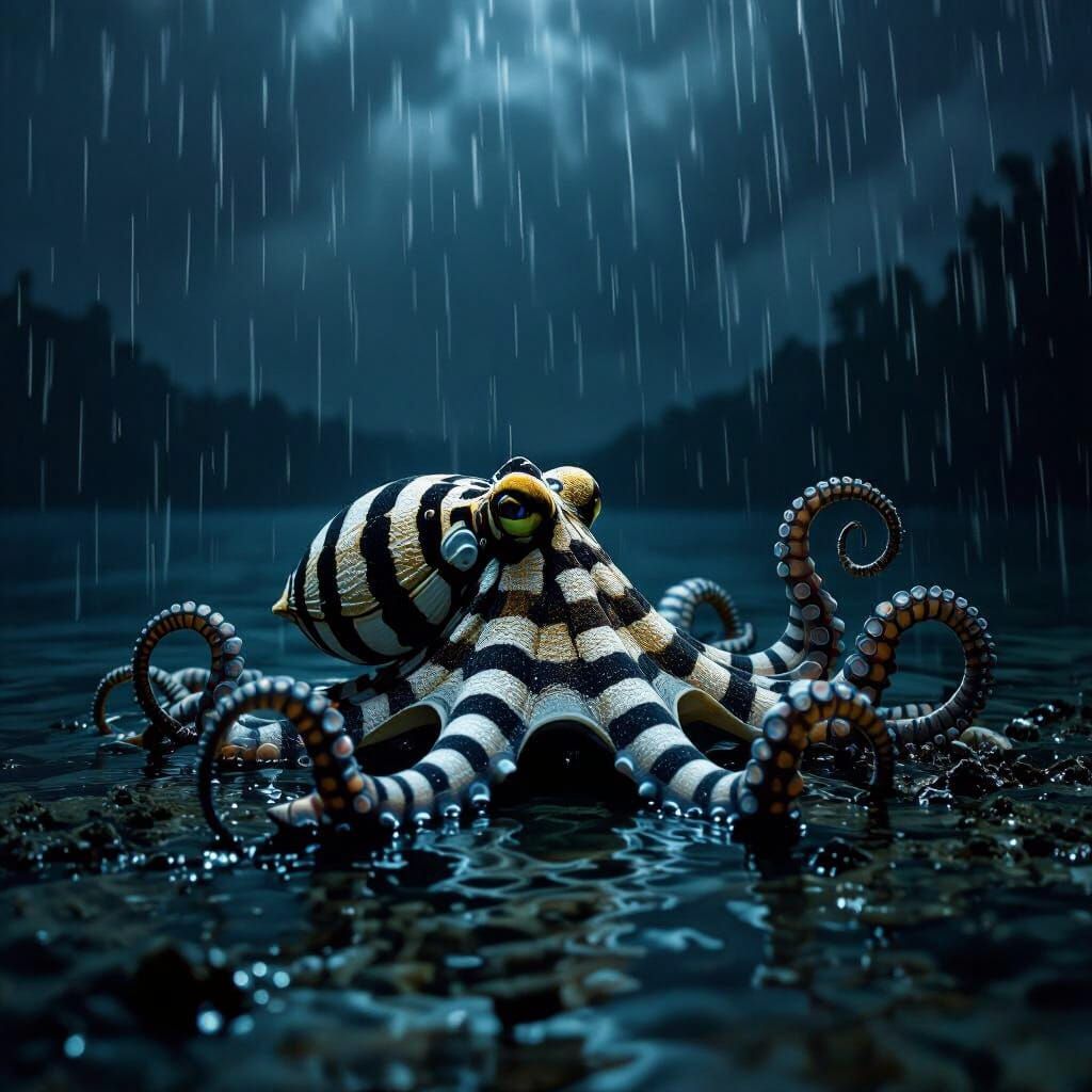Mimic Octopus in Dark Lake Under Monsoon