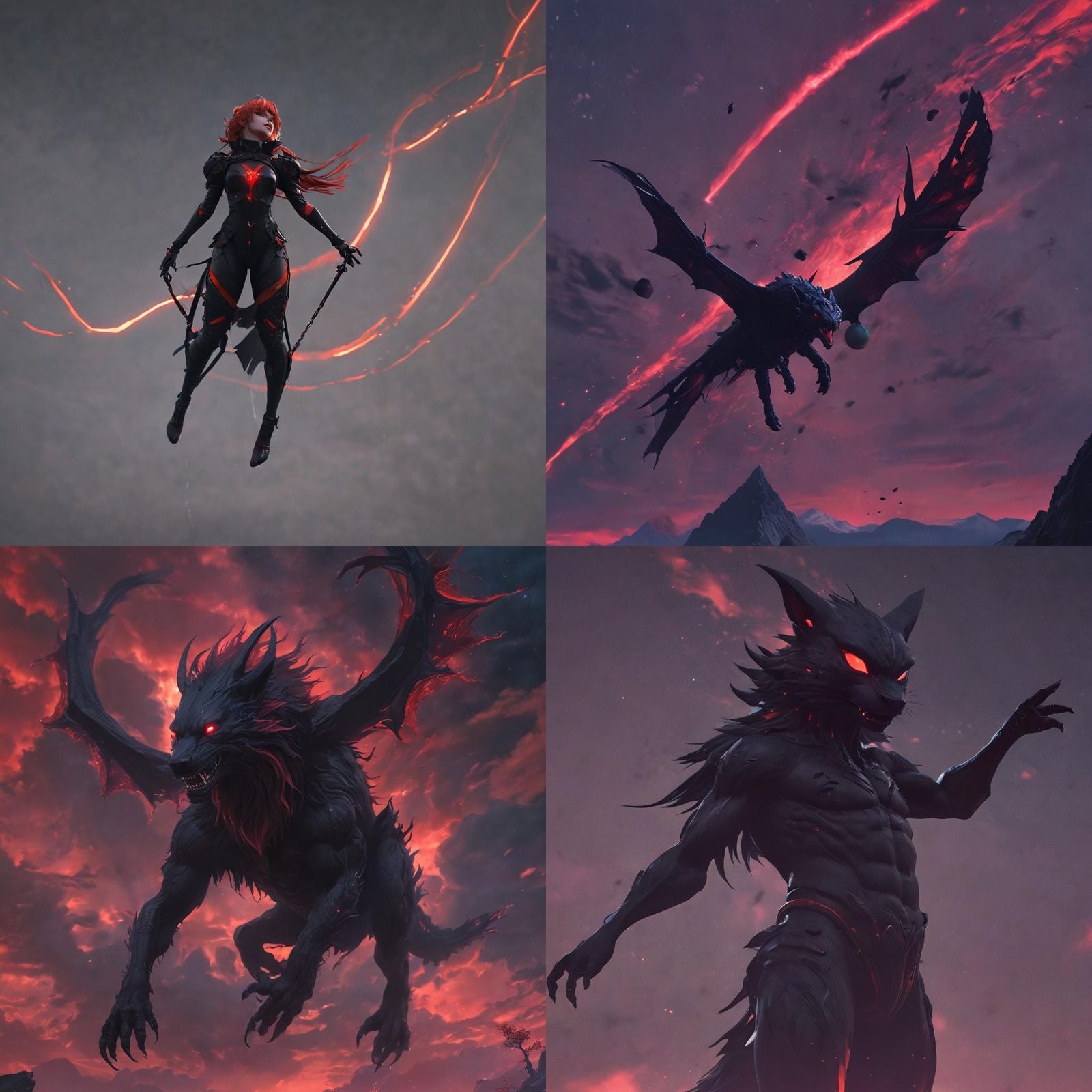 Terrifying Black Creature Soaring Under Red Aurora