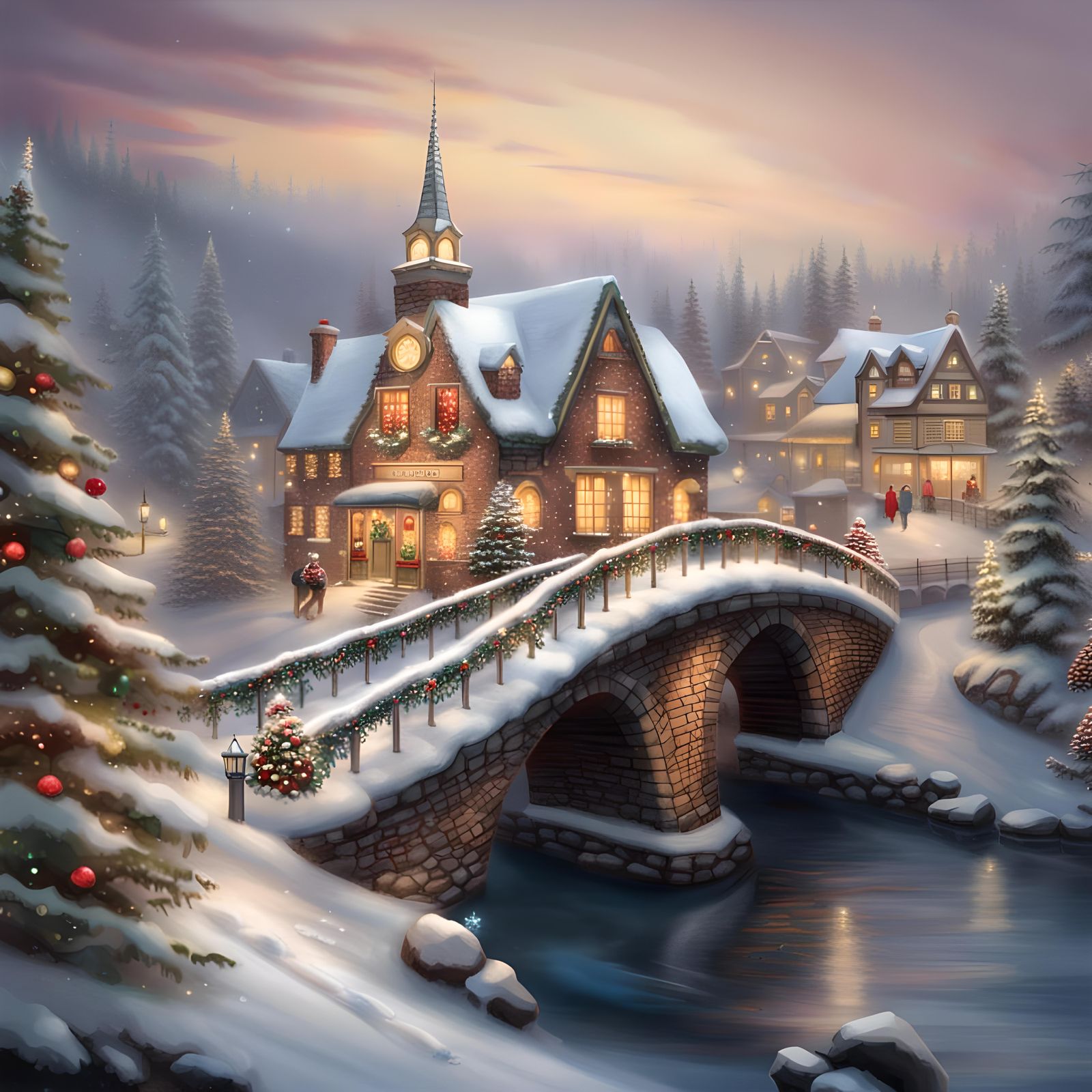 Festive Winter Village Bridge in Holiday Magic Style