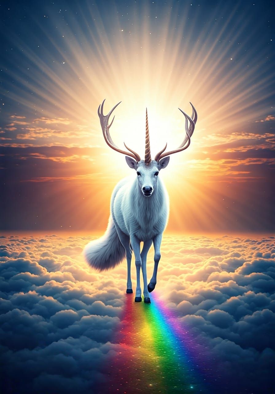 Majestic Deer-Fox-Unicorn on Rainbow Cloud Path