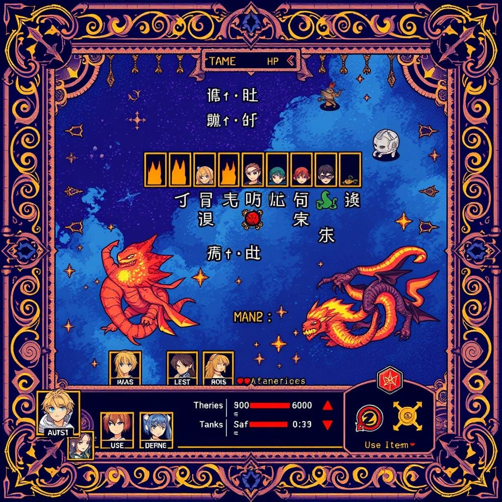 JRPG Battle Screen in Ancient Mystical Style