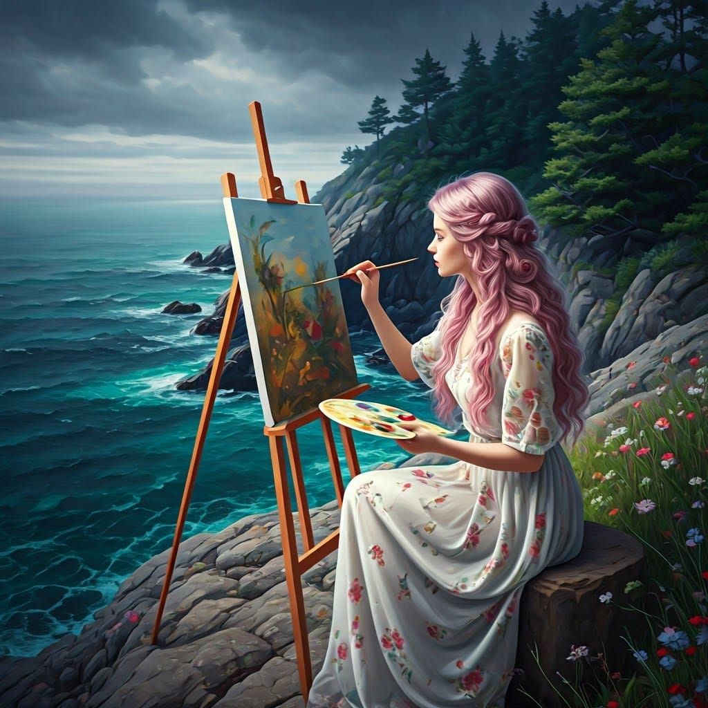 Girl Artist Painting on Cliff in Fantasy Art Style
