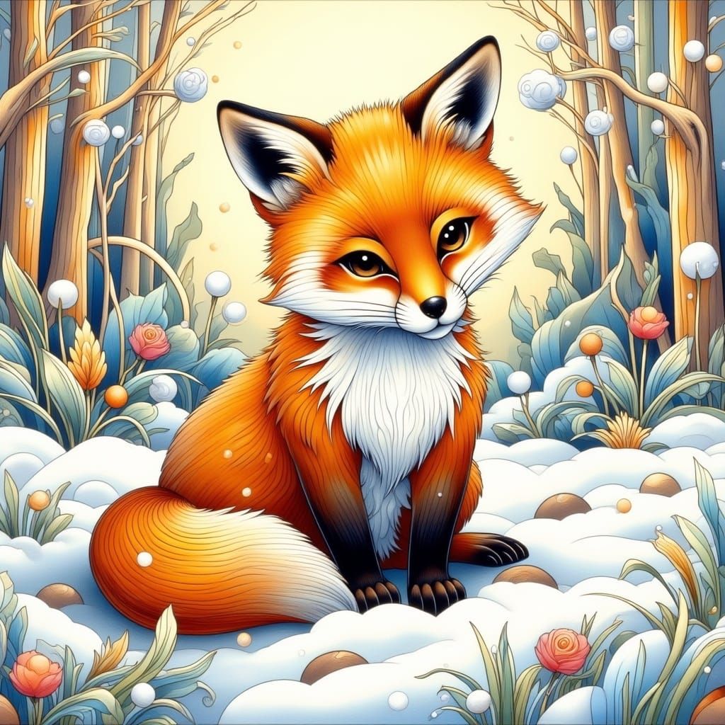 Art Deco Nouveau Fox Pup in Winter Forest