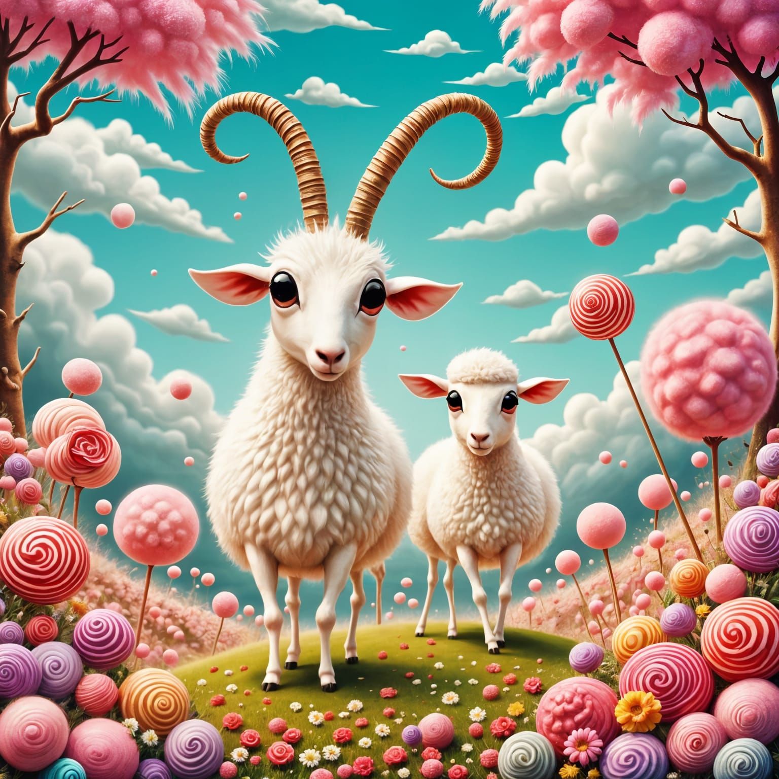Cute Baby Lambs in Vibrant Candyland Wonderland