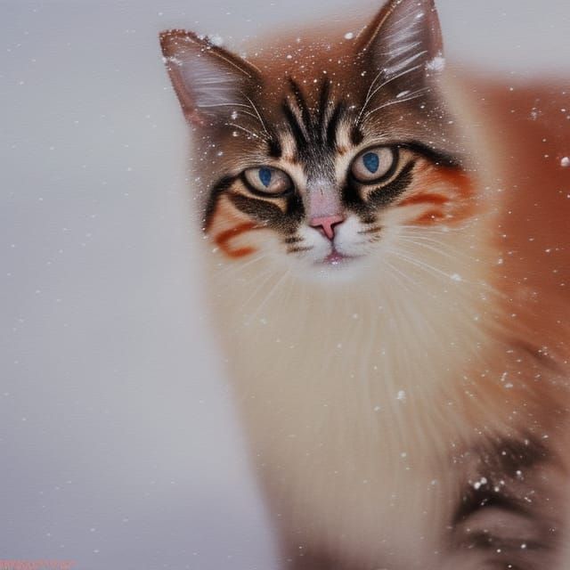 Orange Cat in Snowy Winter Landscape as Oil Painting