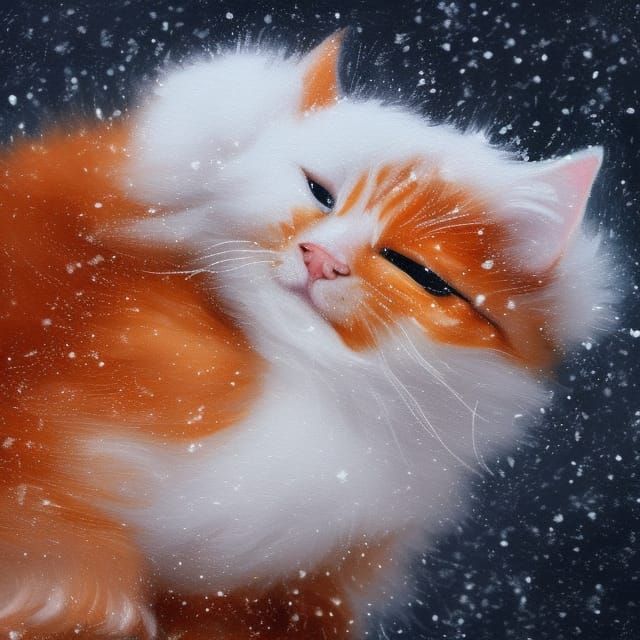 Cute Orange Cat in Winter Snow, Oil Painting