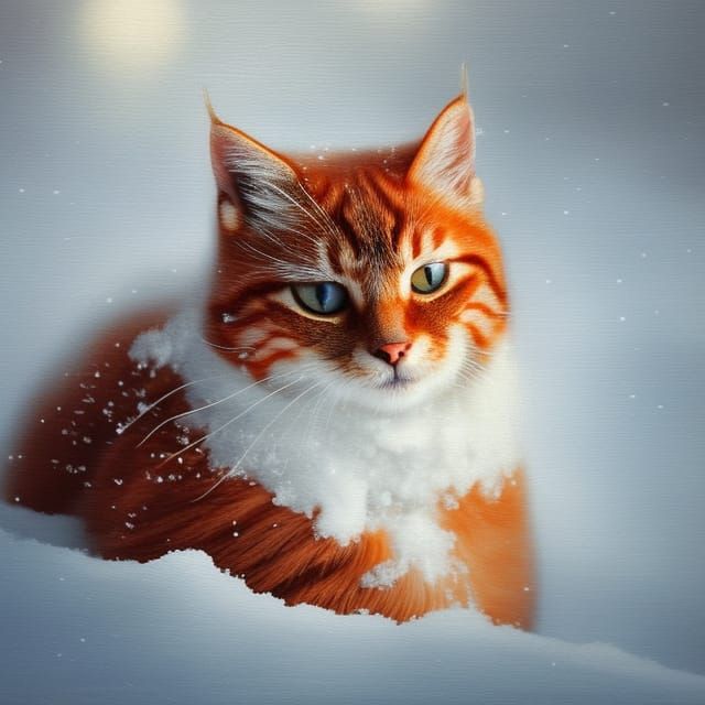 Cute Cat in Snowy Winter Landscape, Oil Painting
