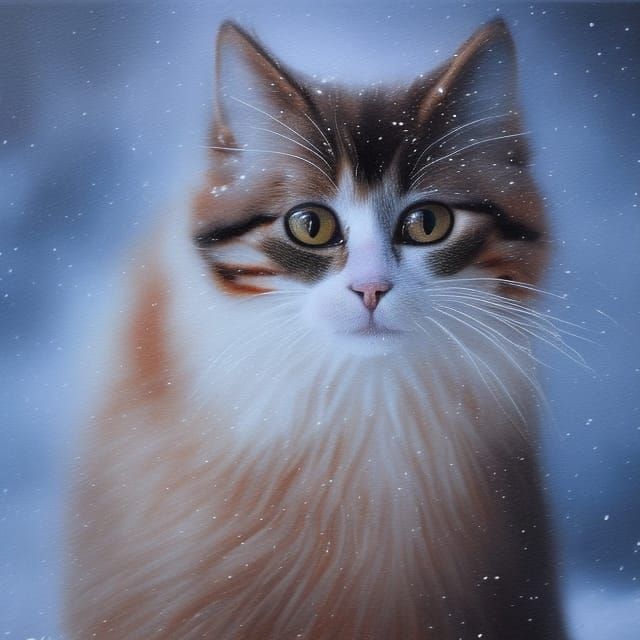 Orange Cat in Winter Landscape as Oil Painting