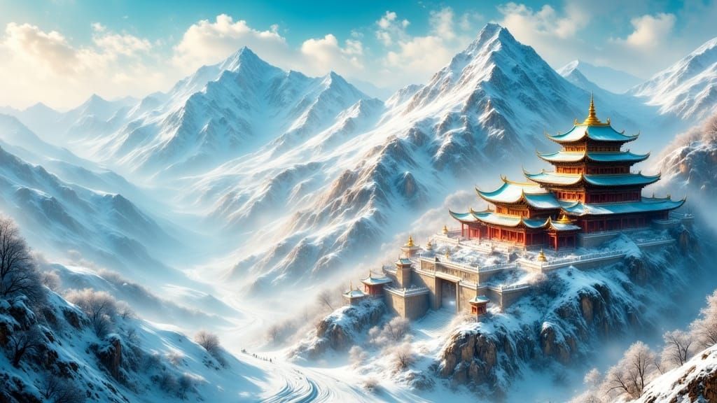 Vast Red and Green Chinese Temple on Snowy Mountain