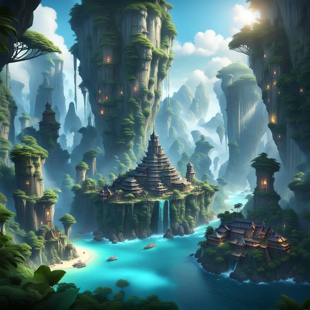 Fantasy Island with Temples, Ships, and Waterfalls
