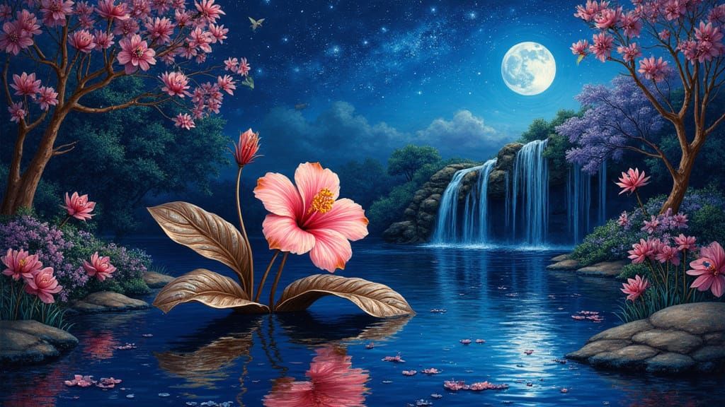 Vibrant Metal Hibiscus Sculpture in Water Under Starlit Sky