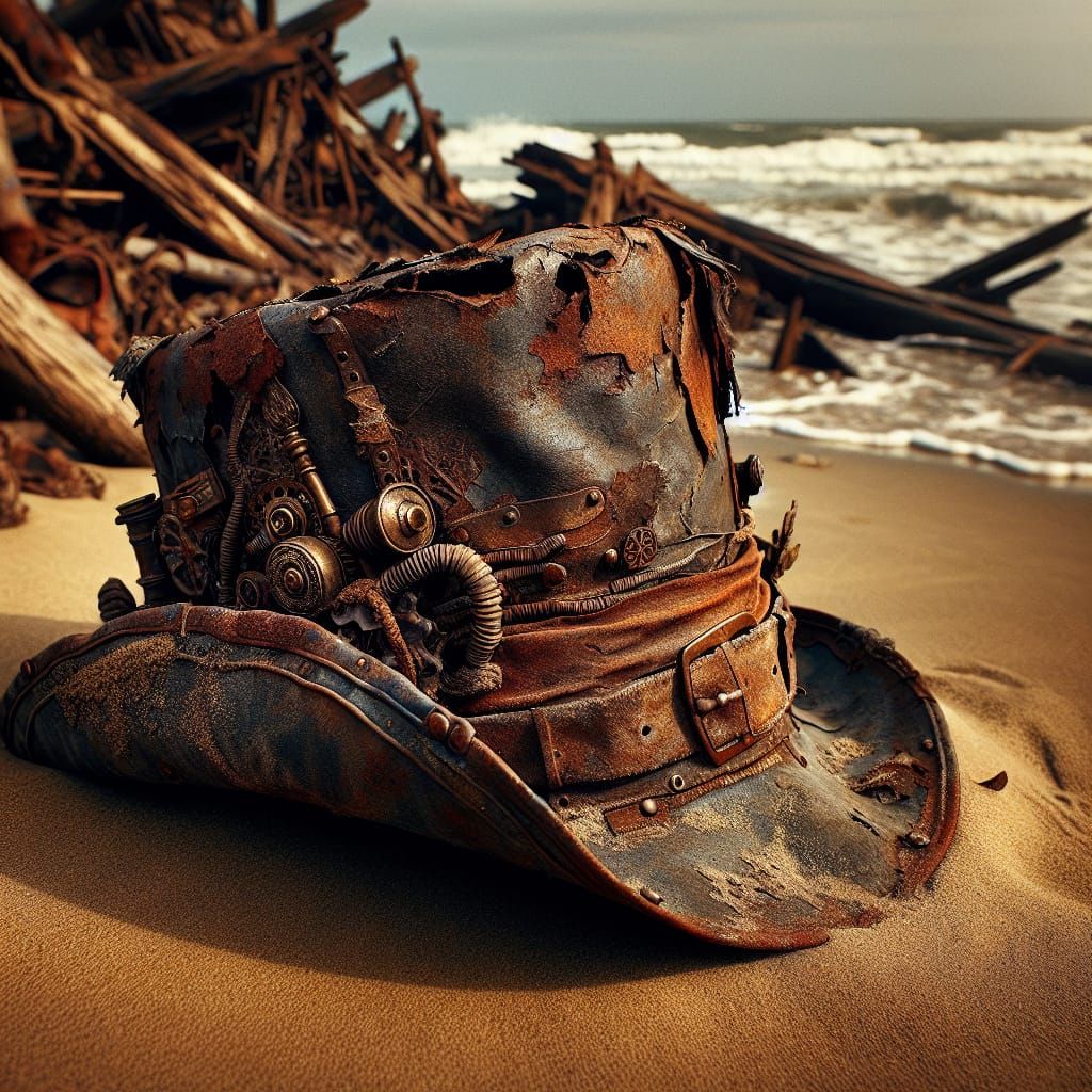 Steampunk Hat Washed Ashore on a Beach