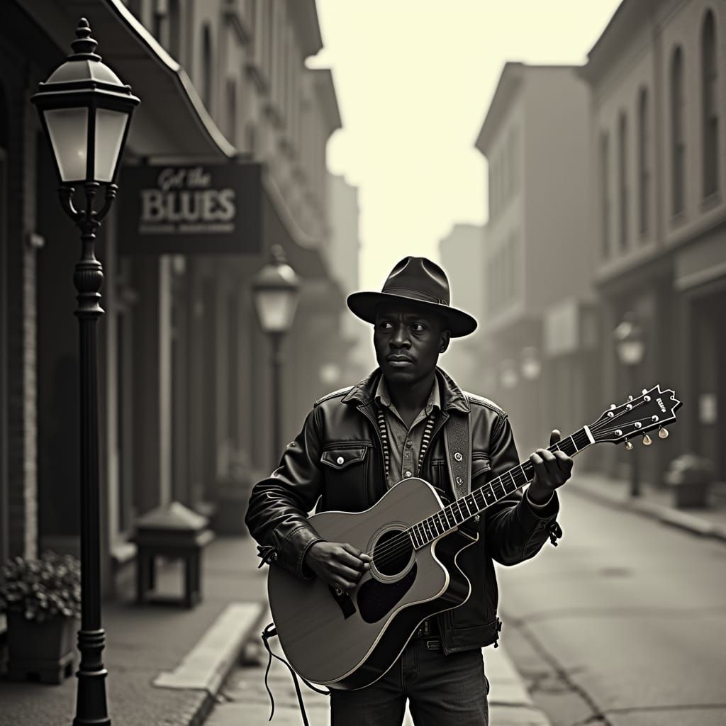 Soulful Bluesman in Foggy Vintage Town