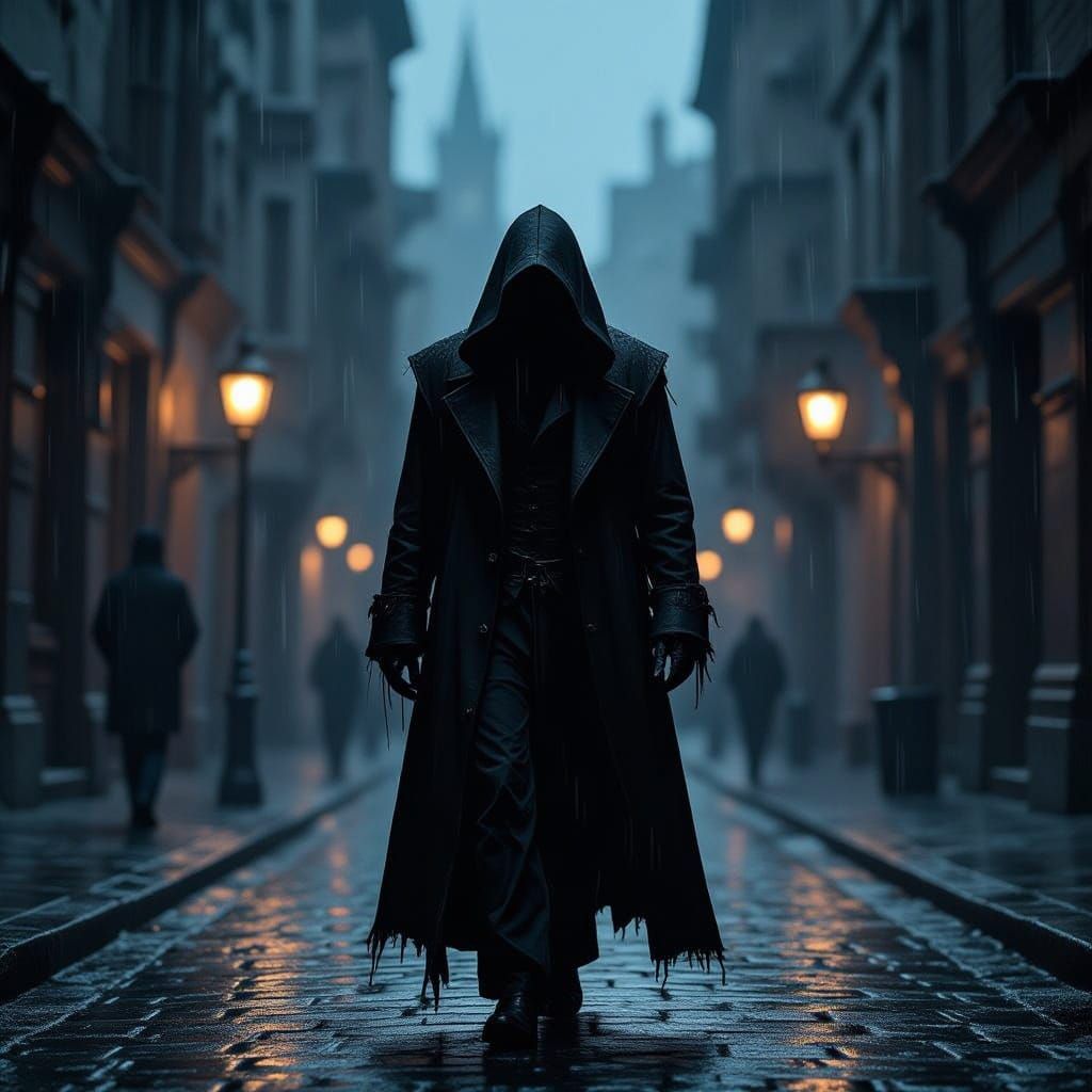 Mysterious Figure in Gothic City at Night