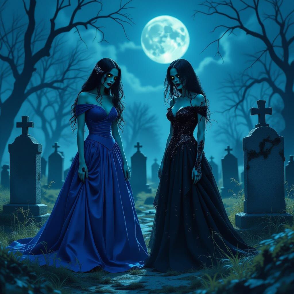 Zombie Prom Queens in Moonlit Cemetery