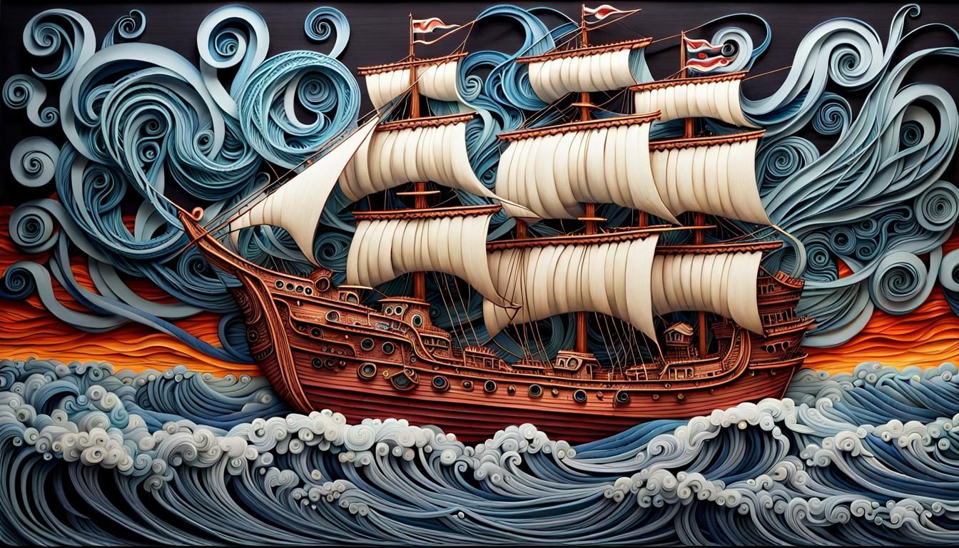 stylised sail boat caught in a storm