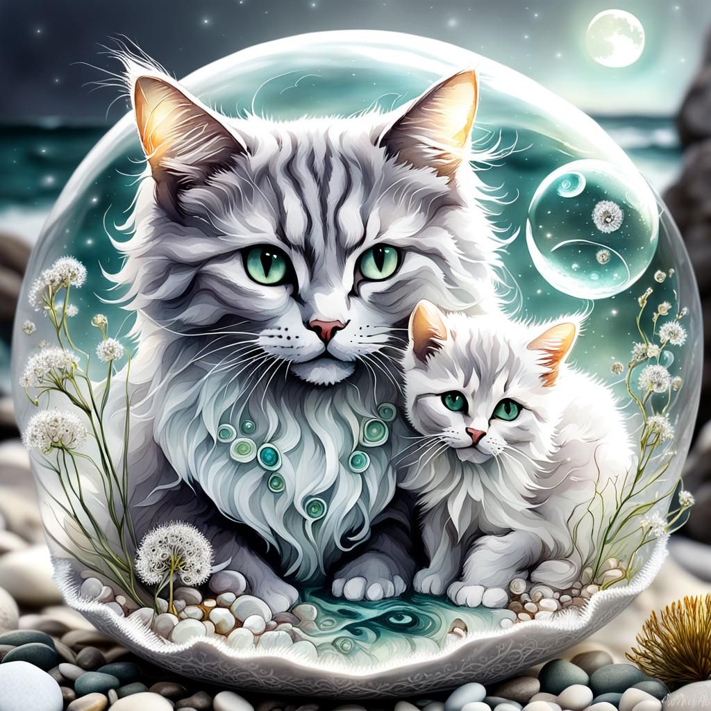 Mythical Spirit Cat and Kitten Portrait in Watercolour