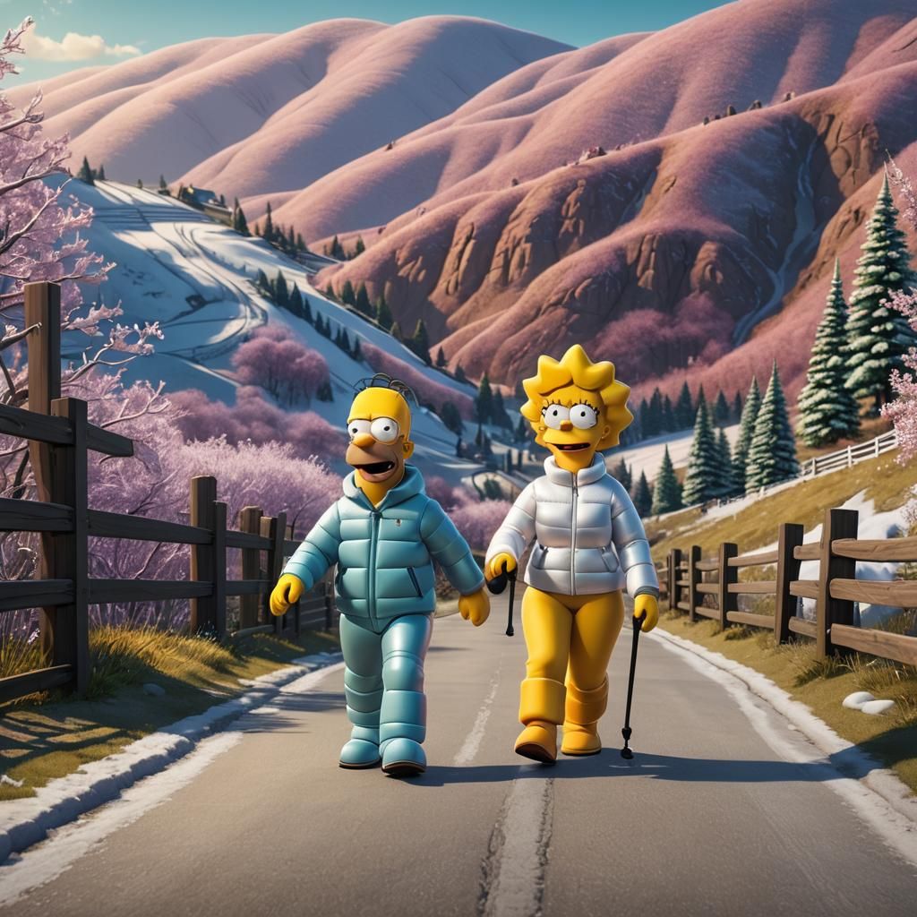 Homer and Lisa Simpson Skiing: Pixar Style 3D Art