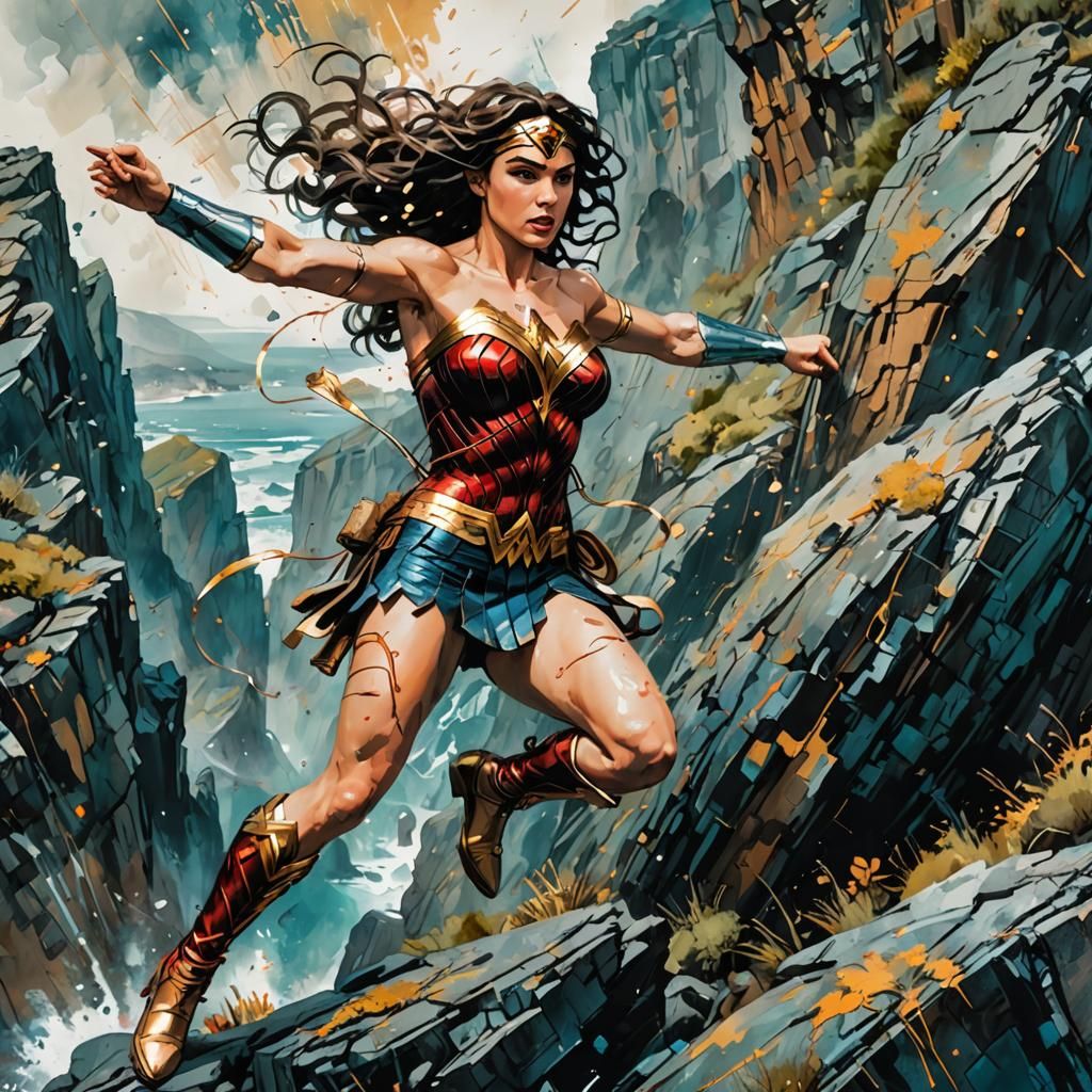 Wonder Woman Leaping, Impressionist Gouache Painting