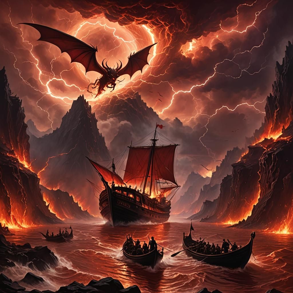 Fiery River Styx Scene with Demons