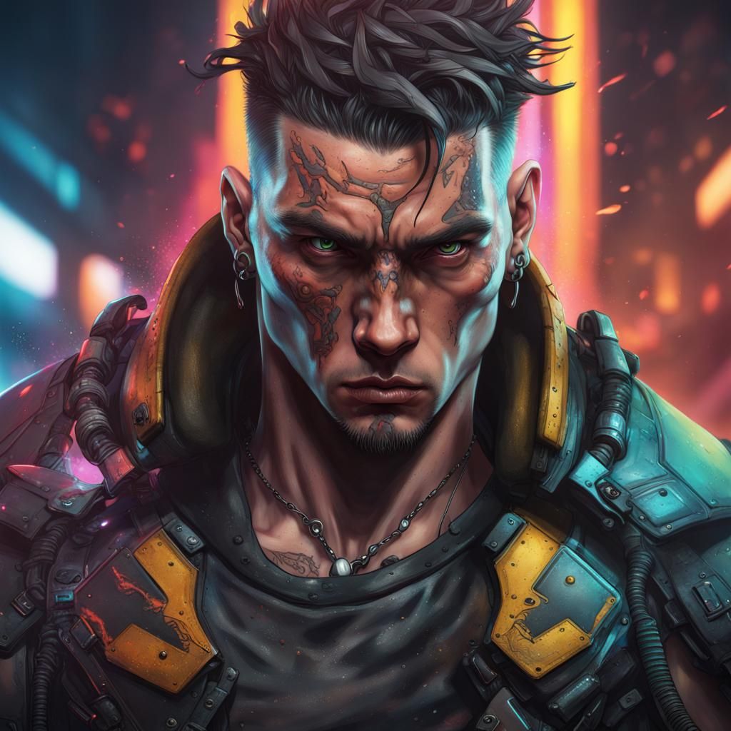 Cyberpunk Pit Fighter in Hyperrealistic Splash Art