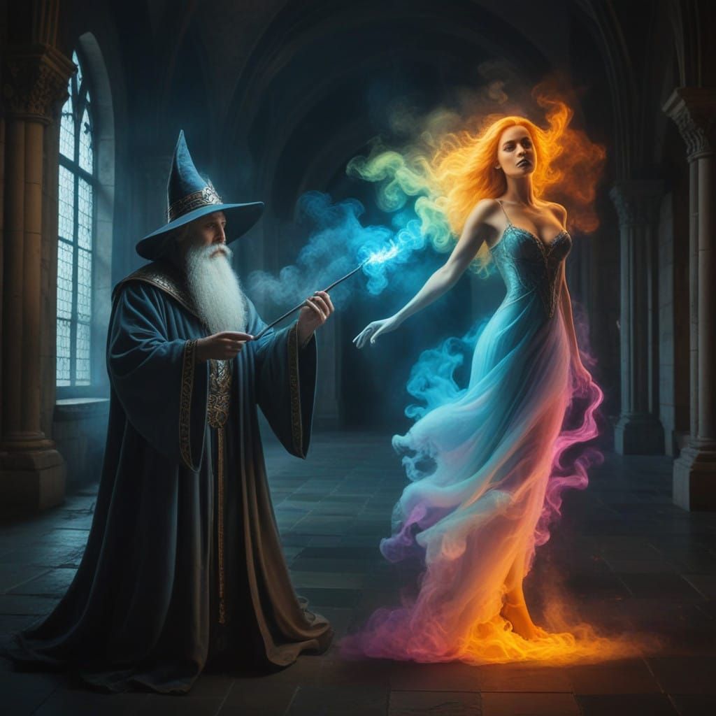 Ancient Wizard Conjures Ethereal Siren in Smoky, Arcane Hall