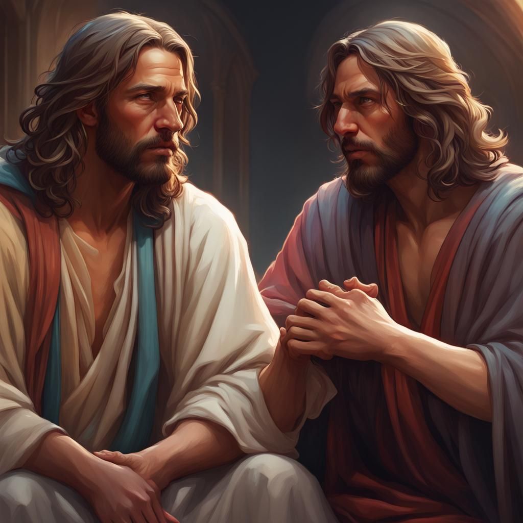 Jesus and Judas: Hyperdetailed Portrait in Art Nouveau Style