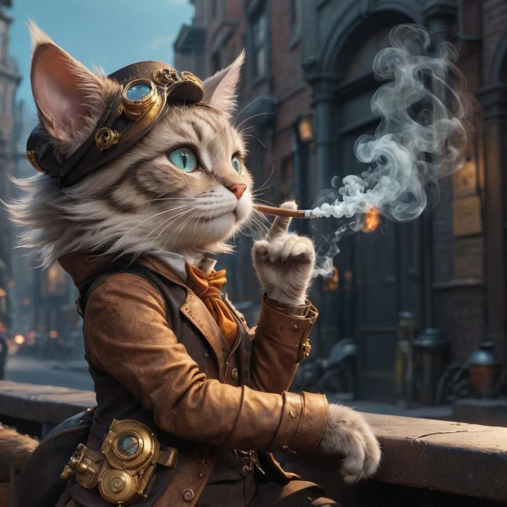 Steampunk Chibi Cat Smoking Cigar with Magic