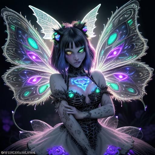 Glowing Striped Cat Fairy with Kaleidoscopic Wings
