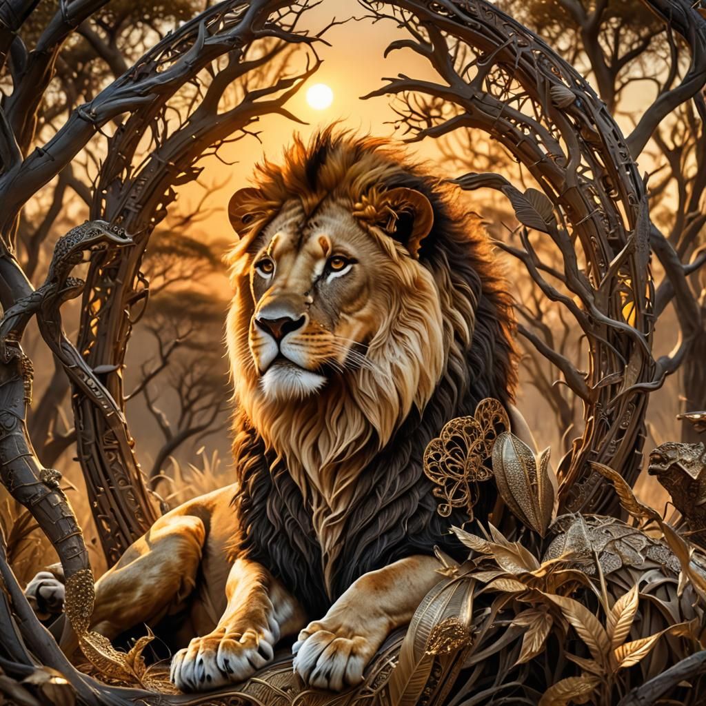 Intricate Lion at Savanna Sunset, Maximalist Style