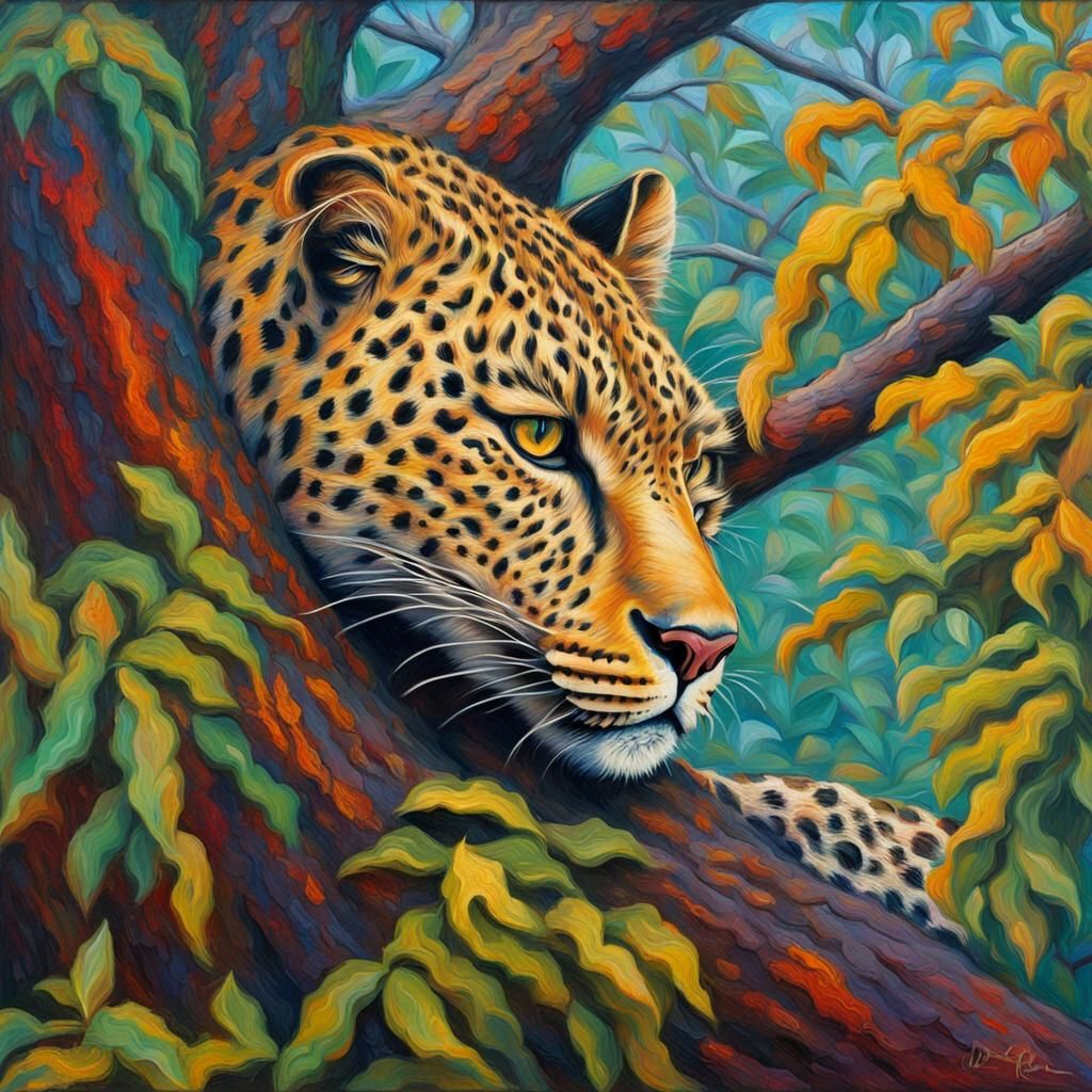 Leopard in Trees: Neo-Impressionist Expressionist Oil Painti...