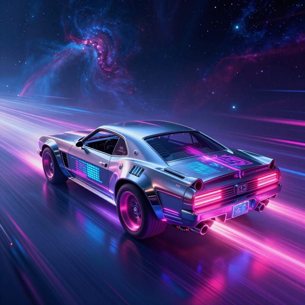 Cyberpunk Car Speeds Through Hyperspace in Neon Glow