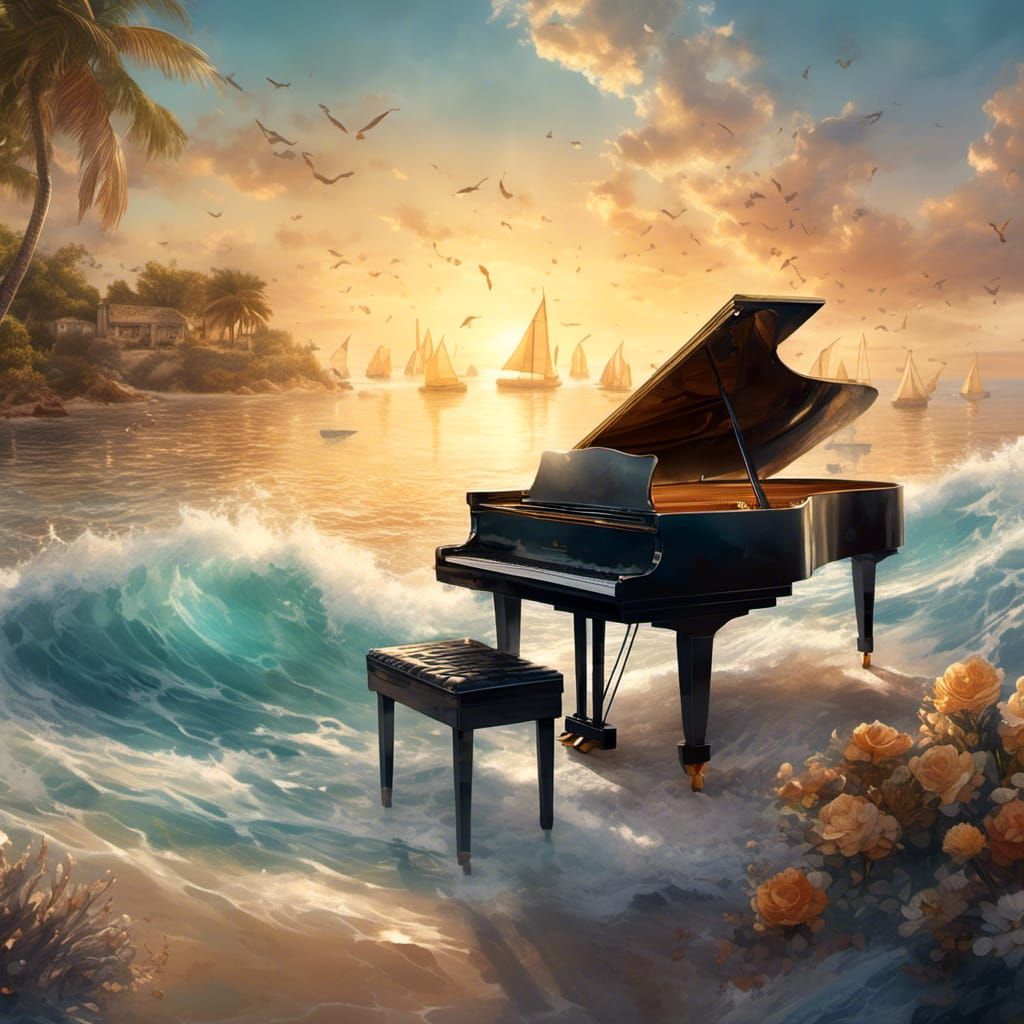 Grand Piano Melts into Ocean at Sunset