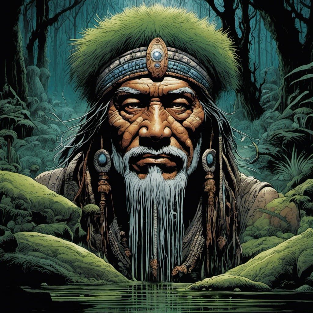 Tribal Shaman Portrait in Dark Swamp, Comic Book Art