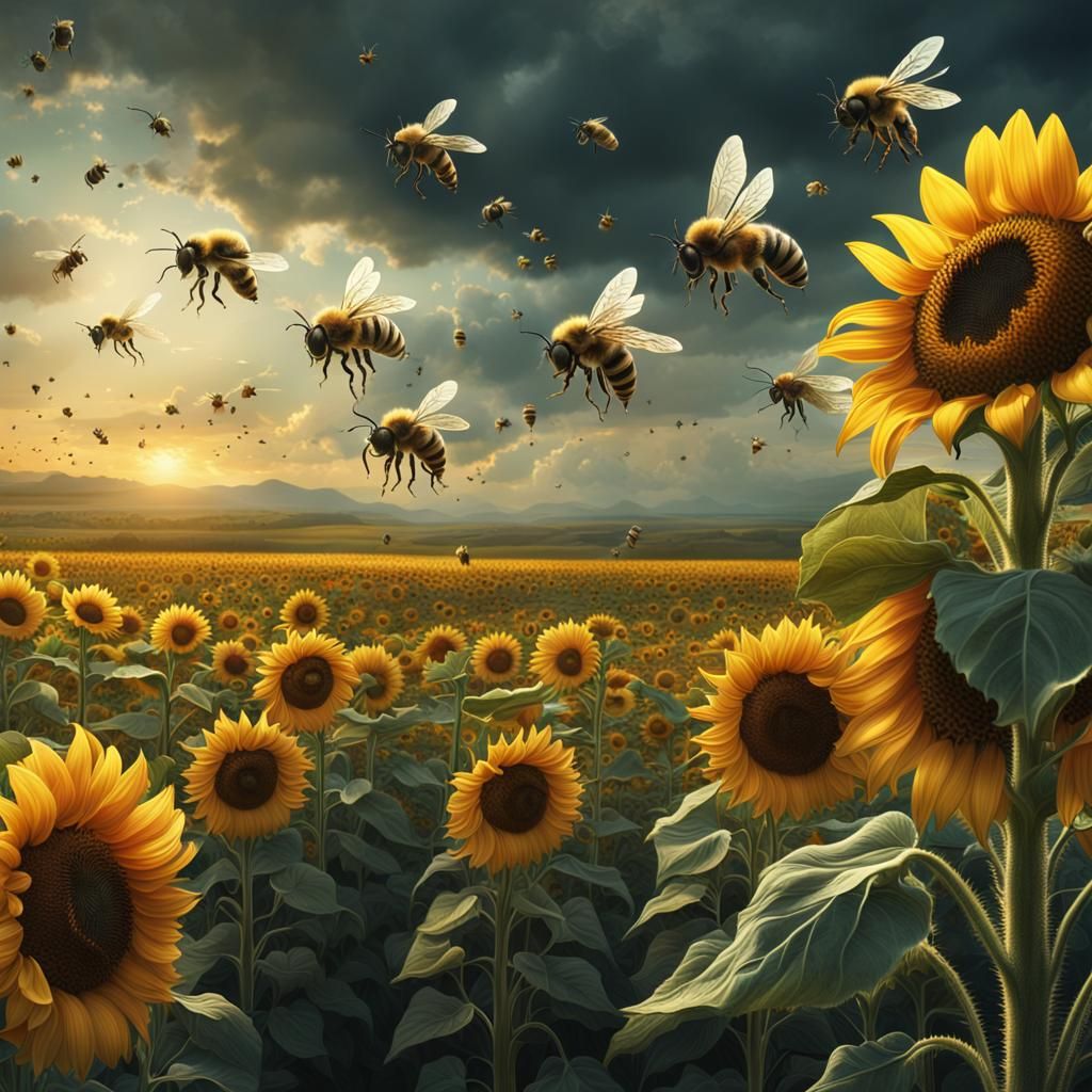 Bees on Sunflowers: Epic Cinematic Digital Painting