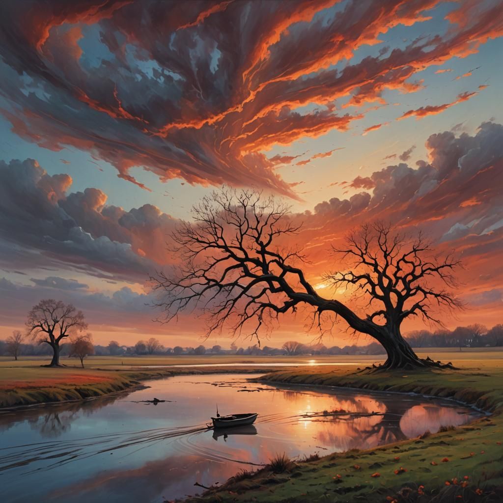Lonely Tree at Sunset: A Vibrant Oil Painting
