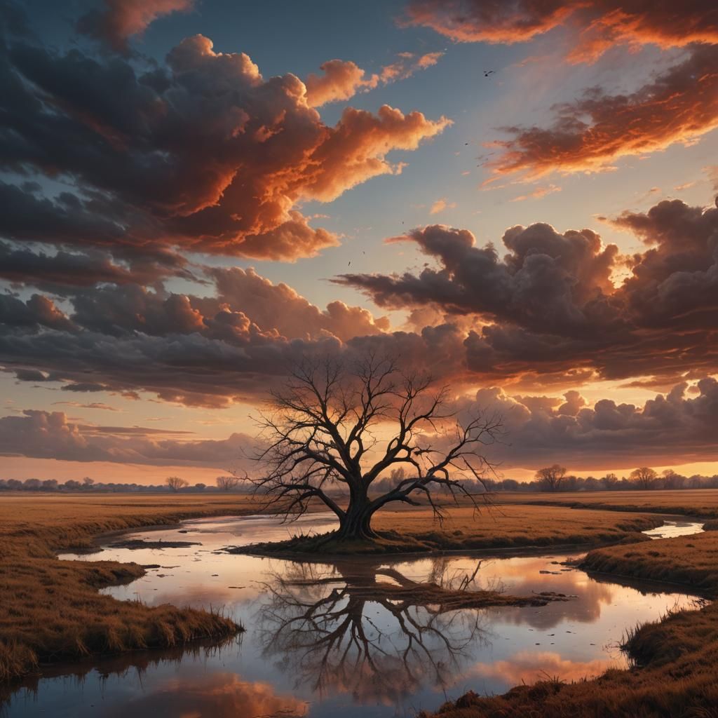 Lone Tree Sunset: A Fantasy Landscape Painting
