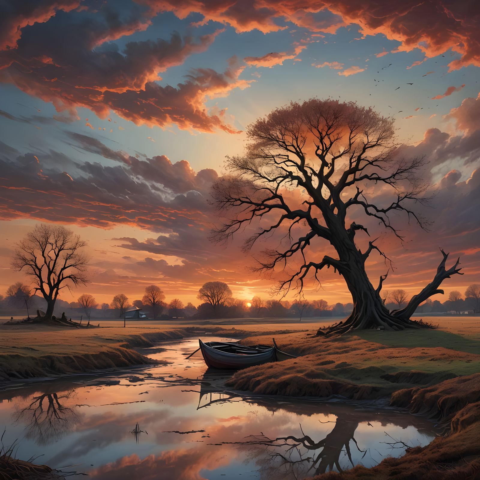 Lonely Tree at Sunset: Hyperrealistic Digital Landscape