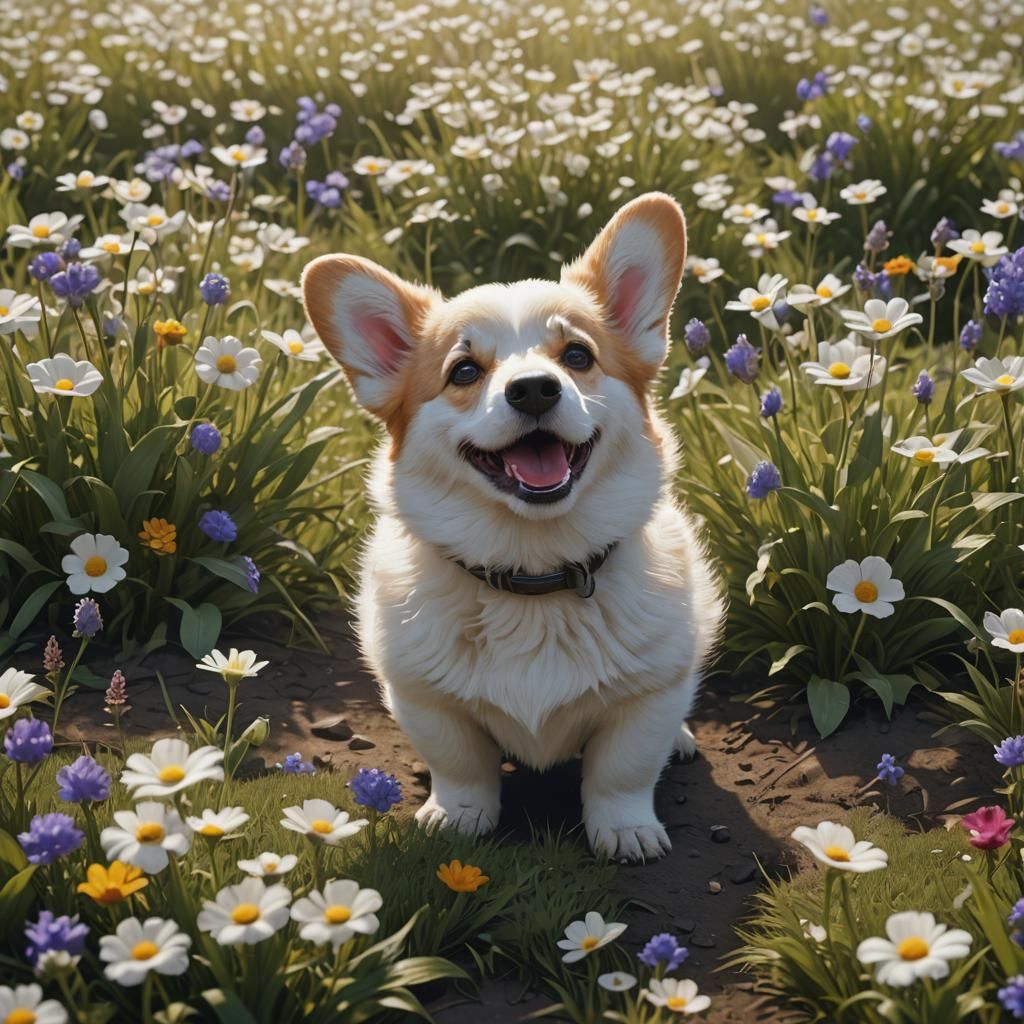 Happy White Corgi Puppy in Field: Digital Painting