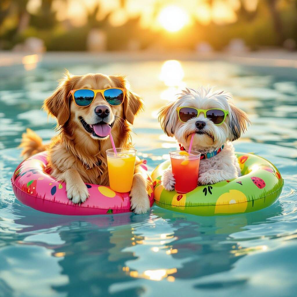 Dogs in Fruit Floats Wearing Sunglasses with Drinks
