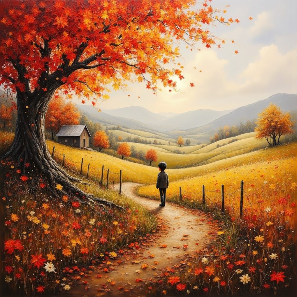 Vibrant Autumn Rural Landscape with Colorful Leaves