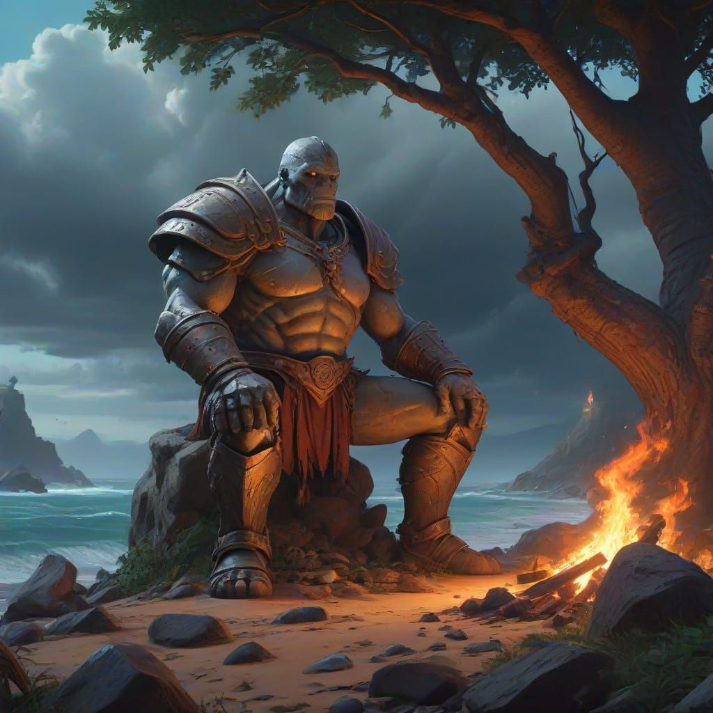 Medieval Fantasy Golem Watches Stormy Sea in Warm Evening Li...