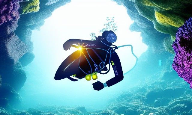 Rainbow Crystal Cave Diver: Photorealistic Underwater Scene