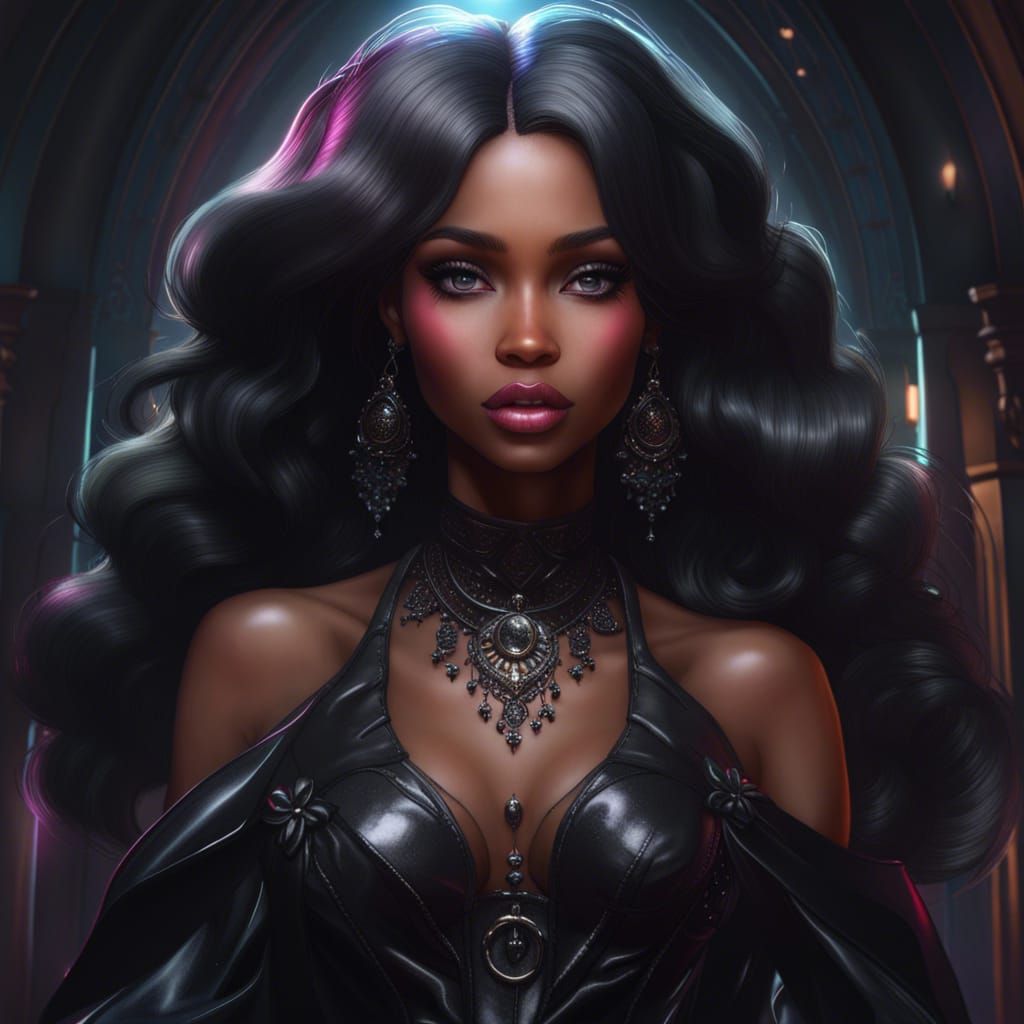 Black Gothic Barbie Portrait in Art Nouveau Style