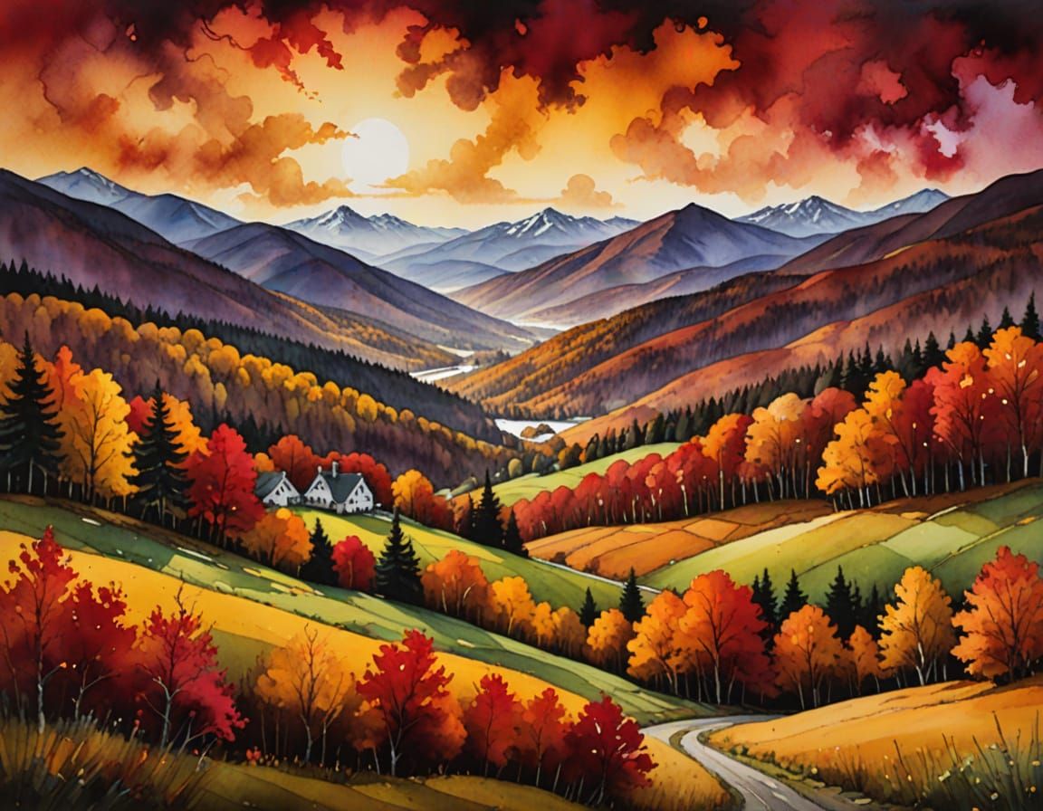 Vermont Fall Landscape in Alcohol Ink Style