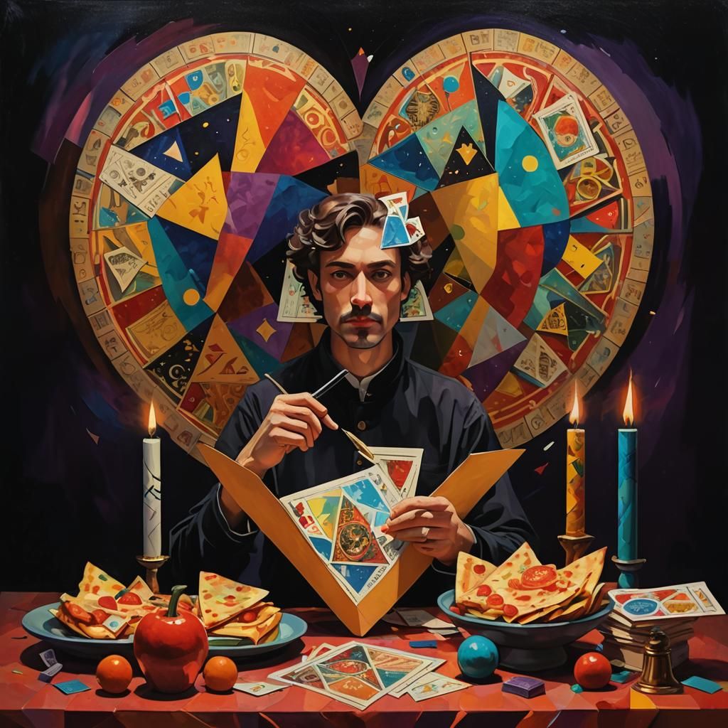 Cubist Writer Surrounded by Tarot and Pizza Recipes